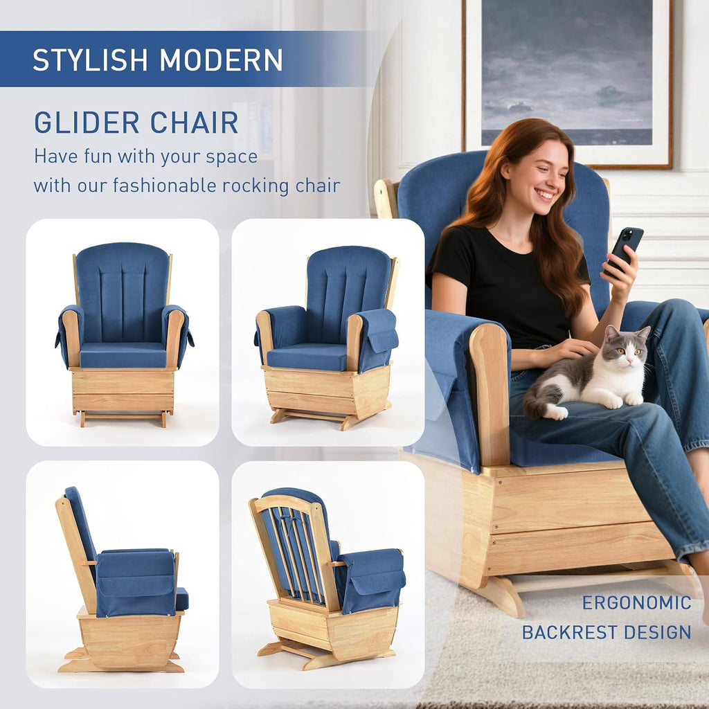 Glider Rocker Chair with Ottoman, Silent Swing Solid Rubberwood Nursery Rocking Chair for Baby Feeding, Ergonomic Comfy Cushion for Nursery Living Room Bedroom Classroom, Blue
