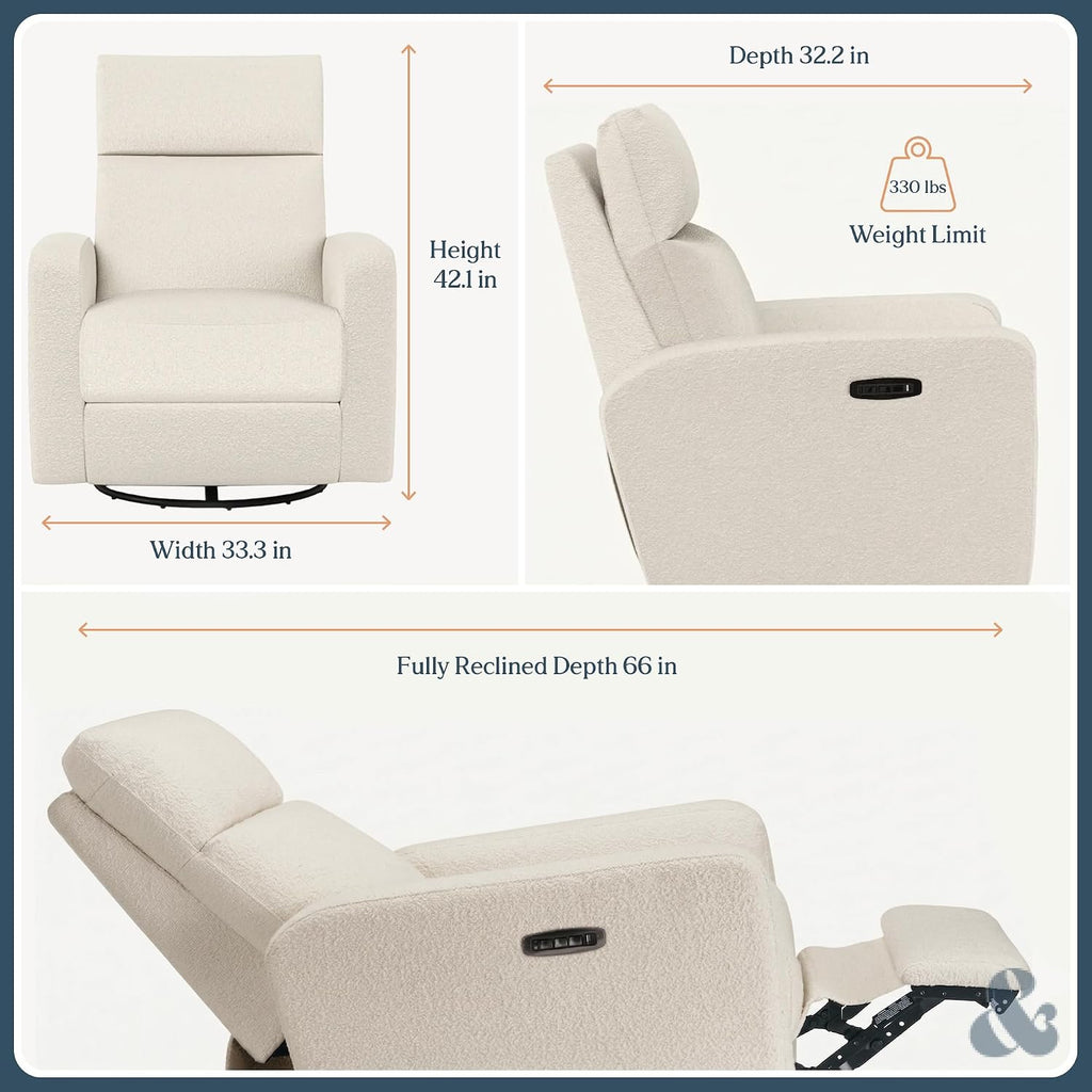Nurture& The Glider Plus - Premium Nursery Power Recliner | Swivel Chair with Adjustable Head Support | Adjustable Lumbar Support Built in USB The Ultimate Comfort for Nursing, Relaxing (Boucle Creme)