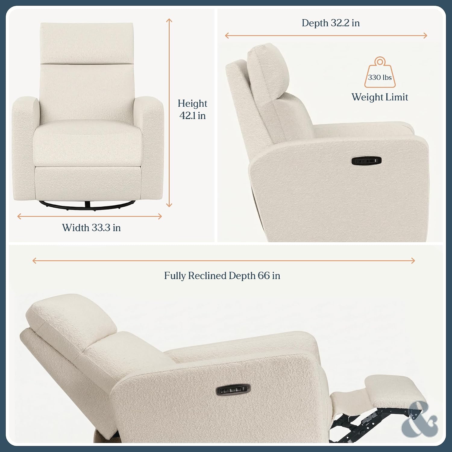 Nurture& The Glider Plus - Premium Nursery Power Recliner | Swivel Chair with Adjustable Head Support | Adjustable Lumbar Support Built in USB The Ultimate Comfort for Nursing, Relaxing (Boucle Creme)