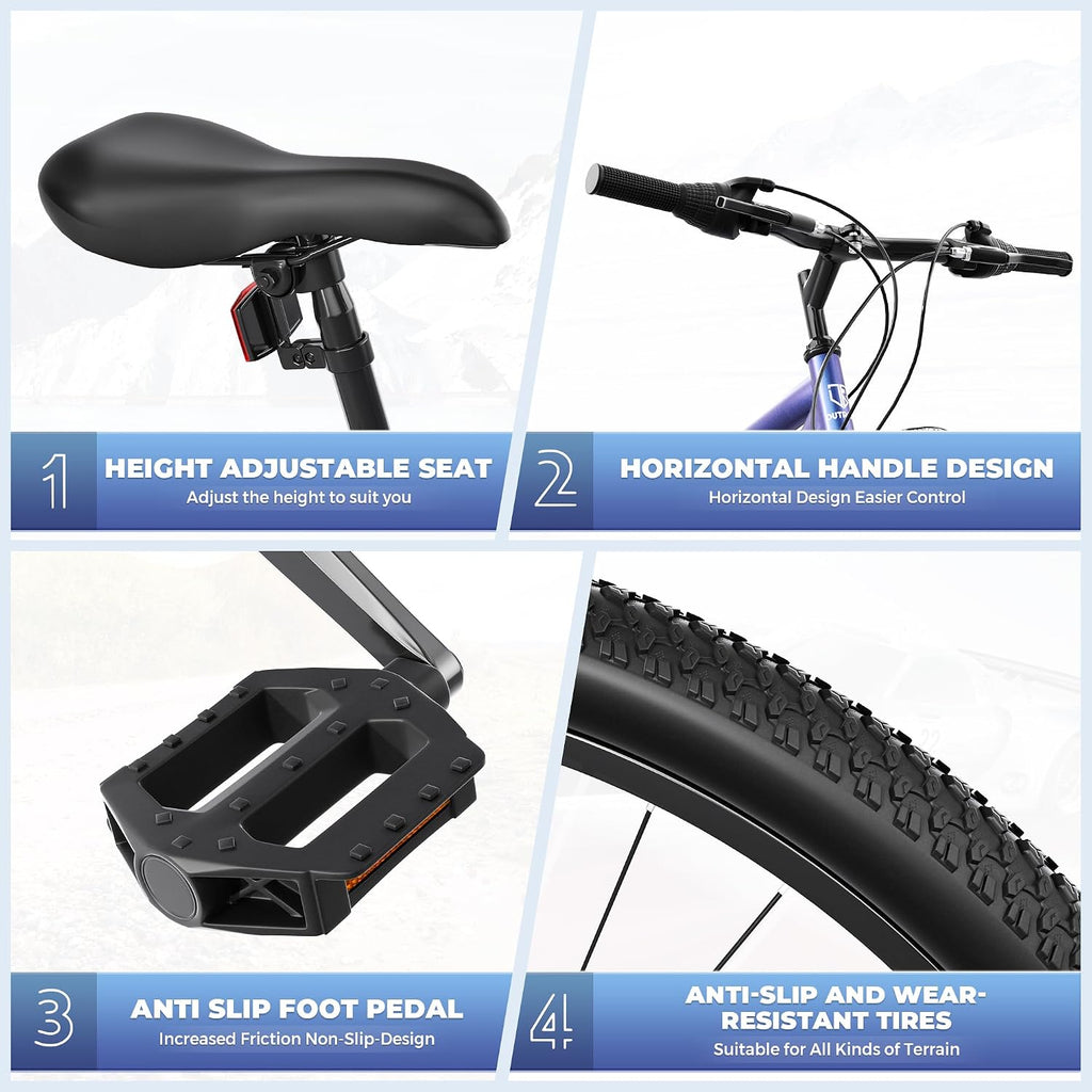 Betterland 26 Inch Mountain Bike with Adjustable Ergonomic Seat, 7/21 Speed Adult Bike with Dual V Brakes, Outdoor Cycling Bike with High Carbon Steel Frame and Front Suspension