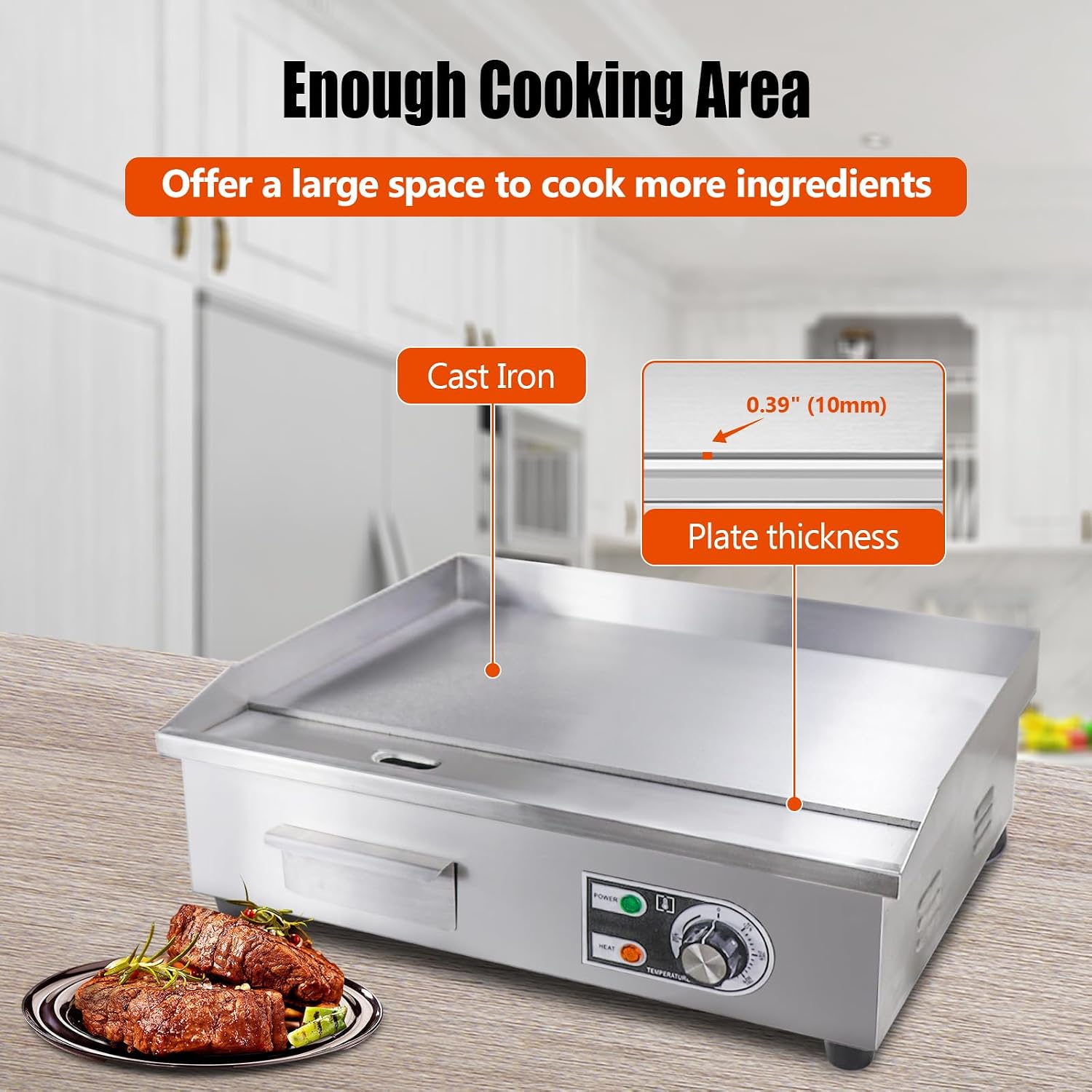 22' Commercial Electric Griddle,Electric Countertop Flat Top Griddle,110V 1600W Electric Flat Top Grill,Non-Stick Restaurant Teppanyaki Stainless Steel Grill,Adjustable Temperature Control