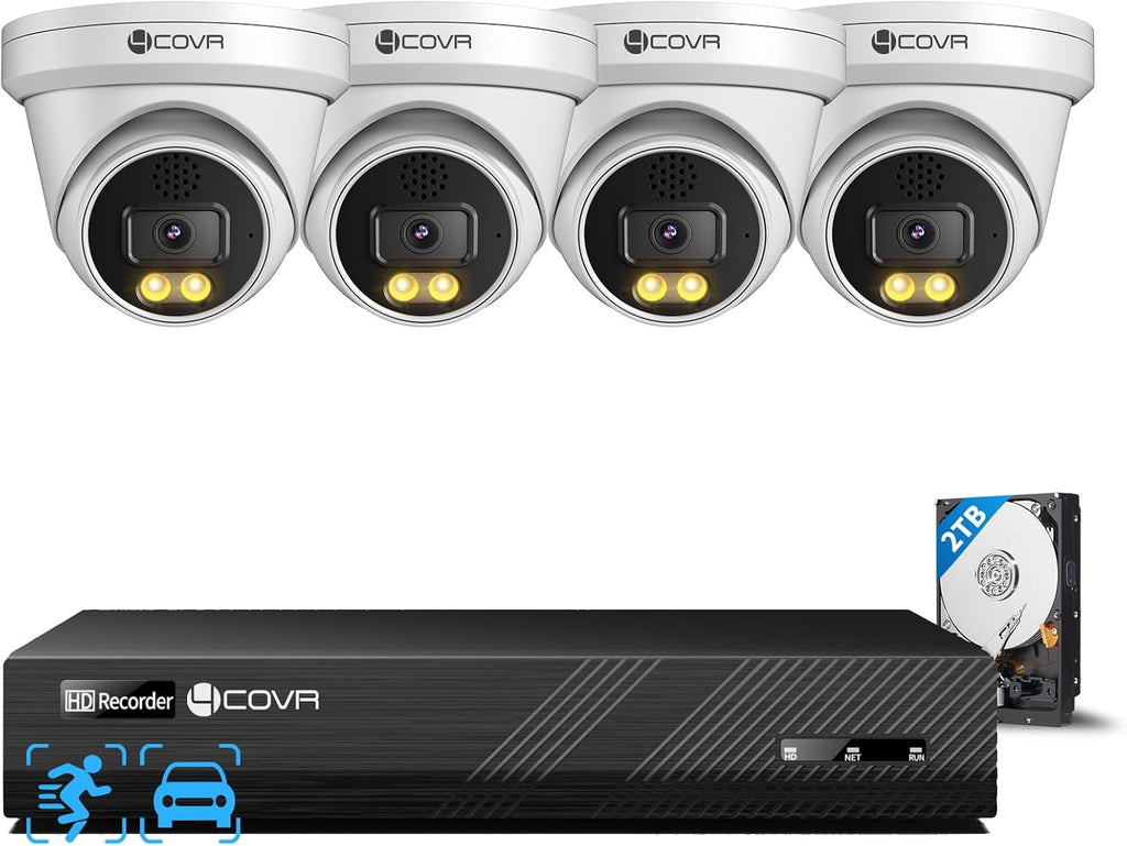 4COVR 12MP Security Camera System, 2-Way Audio, Person Vehicle Detection & Smart Dual Light Color Night Vision, 4X 12MP Dome PoE IP Camera IP67 Business, 8CH Ultra HD NVR with 2TB HDD, LY97KAAM0804