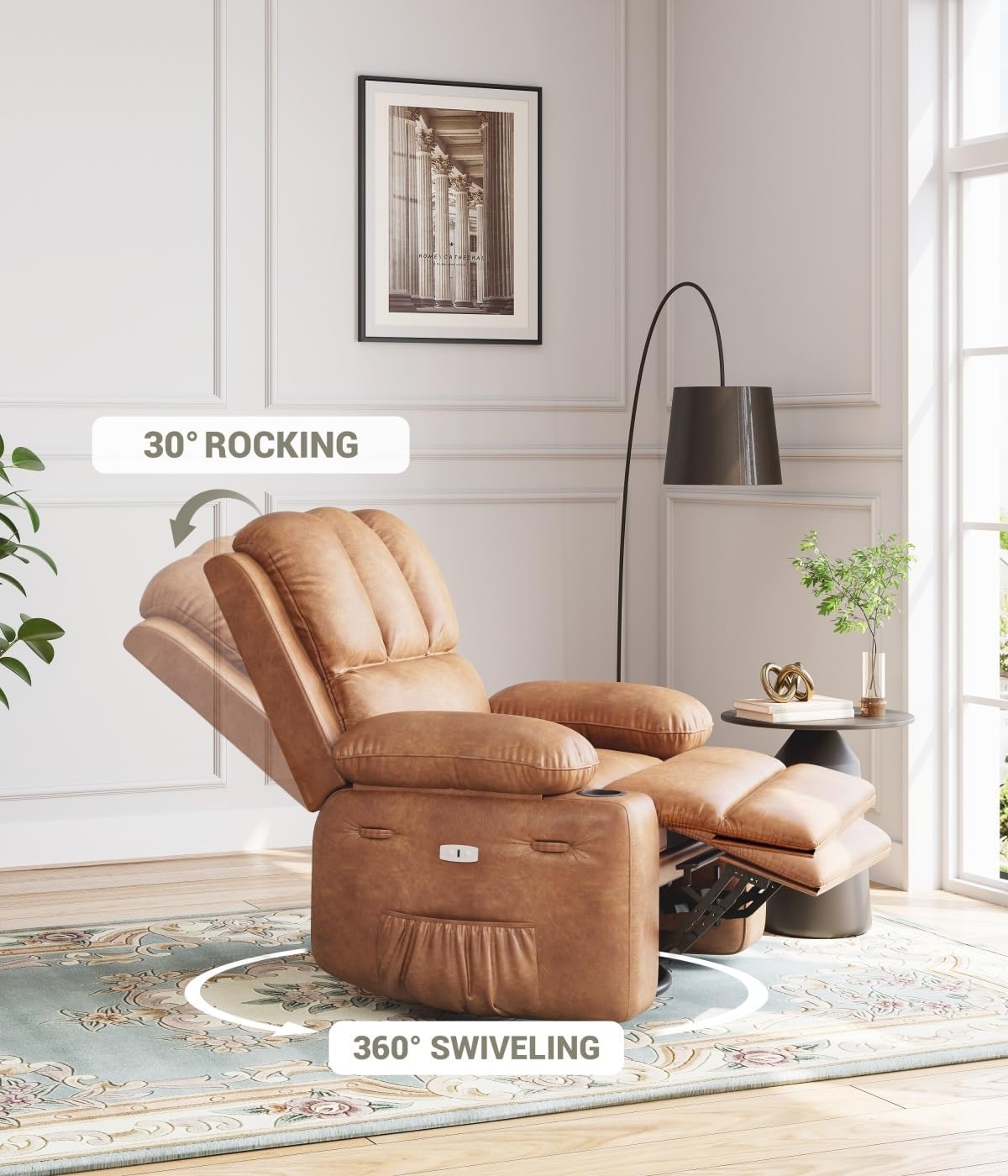 Oversized 27' Power Recliner Chair with Heat and Massage - 360° Swivel Faux Leather Rocking Chair for Adults with Cup Holder for Living Rooms, Bedrooms, and Nurseries - Brown