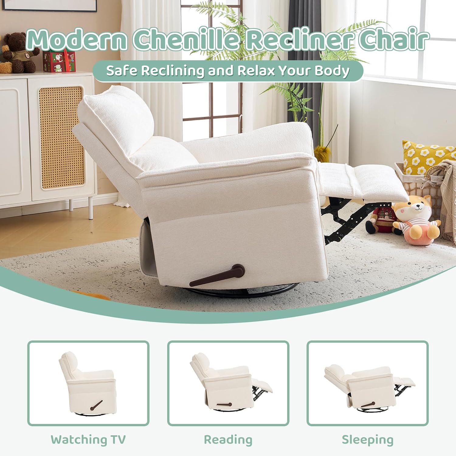 Oversized Swivel Rocker Recliner with Adjustable Headrest, Rocking Chair Nursery with Overstuffed Armrest, Manual Rocker Recliner Nursery Chair for Living Room, White