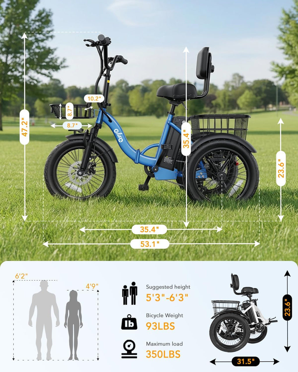 Qlife Triker Electric Bike, Peak 1200W Brushless Motor Folding Trike Ebike, 499Wh Removable Battery, Step-Thru 3 Wheel Electric Bicycle, Up to 55 Miles, 18 Tire Tricycle for Adults