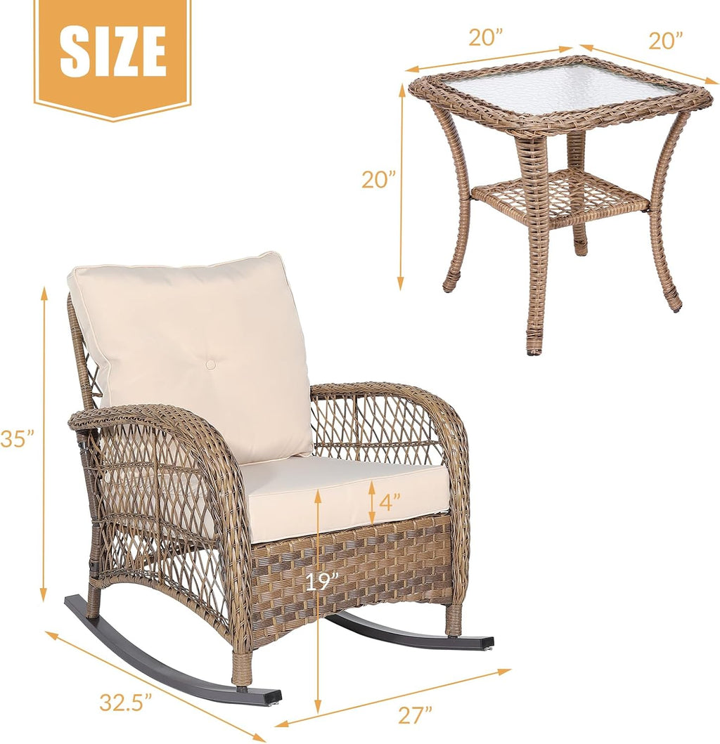 3-Piece Outdoor Patio Bistro Rocking Chair Set, Rattan Patio Rockers with Cushions & Glass-Top Coffee Table, Conversation Set for Porch & Backyard - Beige
