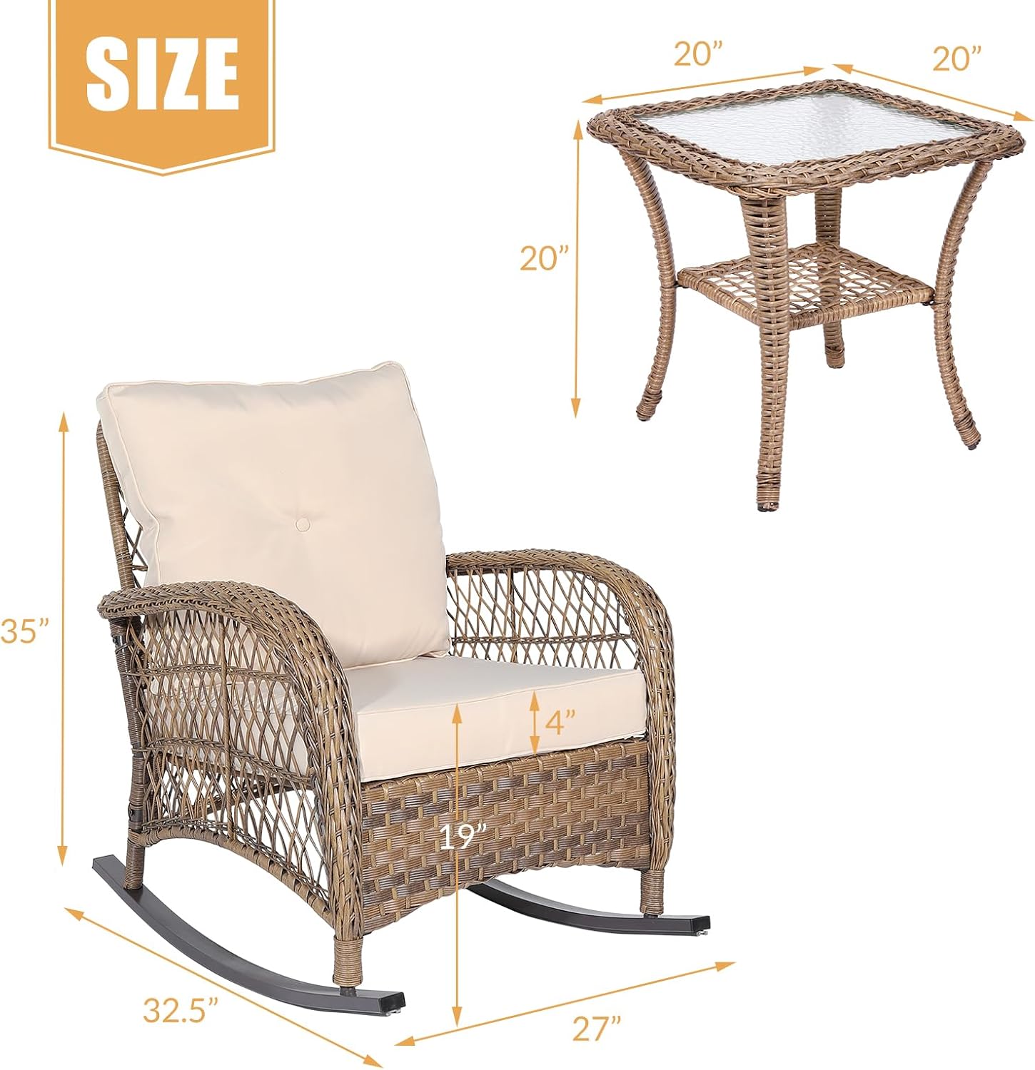 3-Piece Outdoor Patio Bistro Rocking Chair Set, Rattan Patio Rockers with Cushions & Glass-Top Coffee Table, Conversation Set for Porch & Backyard - Beige