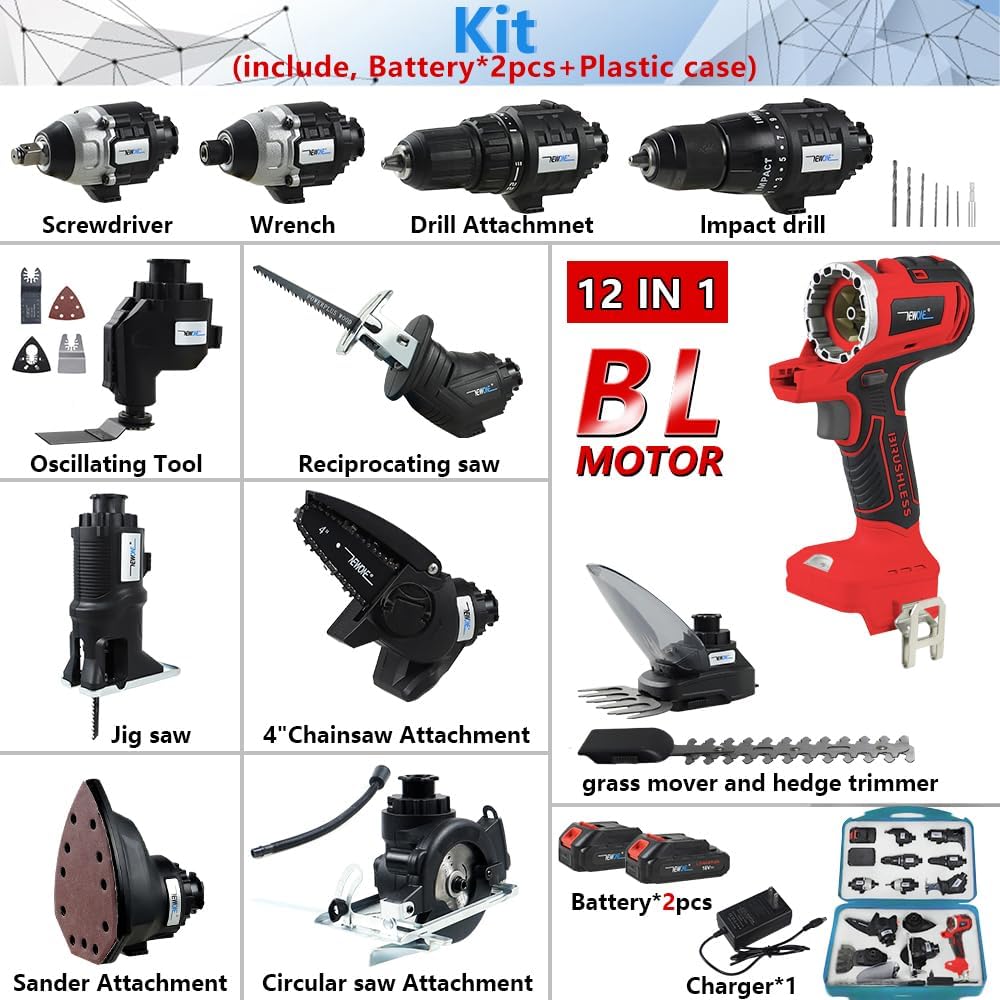 NEWONE 12-Tools Set Power Tool Combo Kits Compatible with Milwau-kee 18V Battery,Cordless Tool Set,2 Batteries and Charger (12-Tools Set Red)