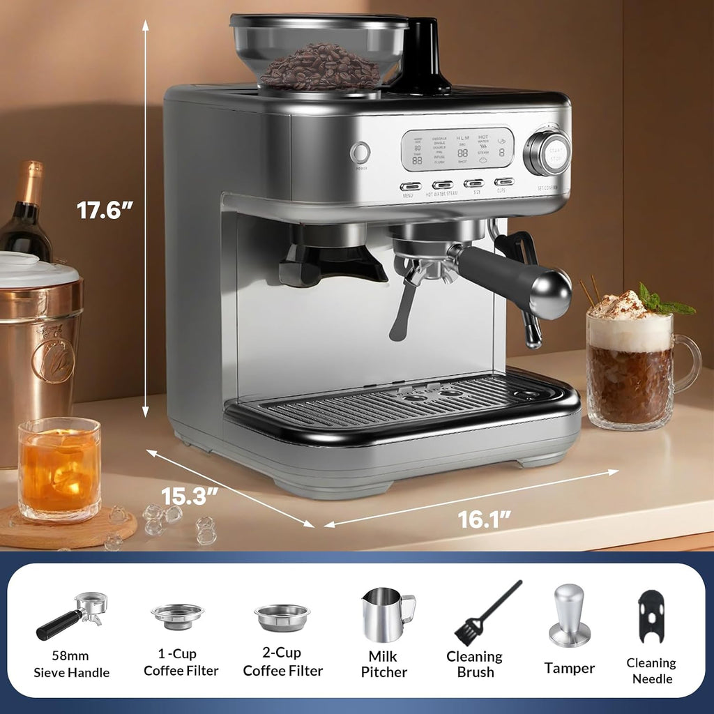 GarveeHome Semi-Automatic Espresso Machine, Coffee Machine with Grinder and Steam Milk Frother, LCD Smart Screen Espresso Maker with 78 oz Removable Water Tank for Cappuccinos and Lattes