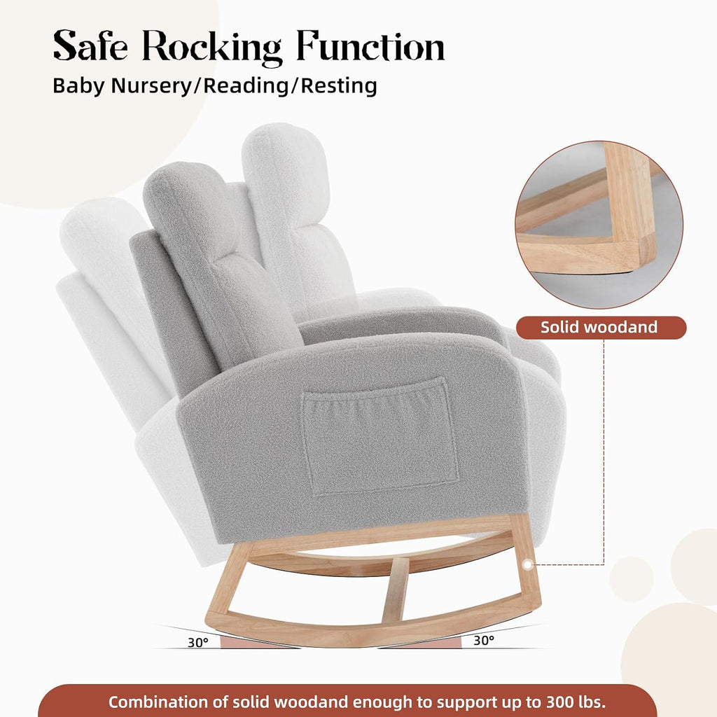 IDEALHOUSE Nursery Rocking Chair, Upholstered Glider Rocker with High Back & Side Pocket, Comfy Nursing Chair for Breastfeeding, Padded Nursery Armchair for Baby Room, Bedroom & Living Room,