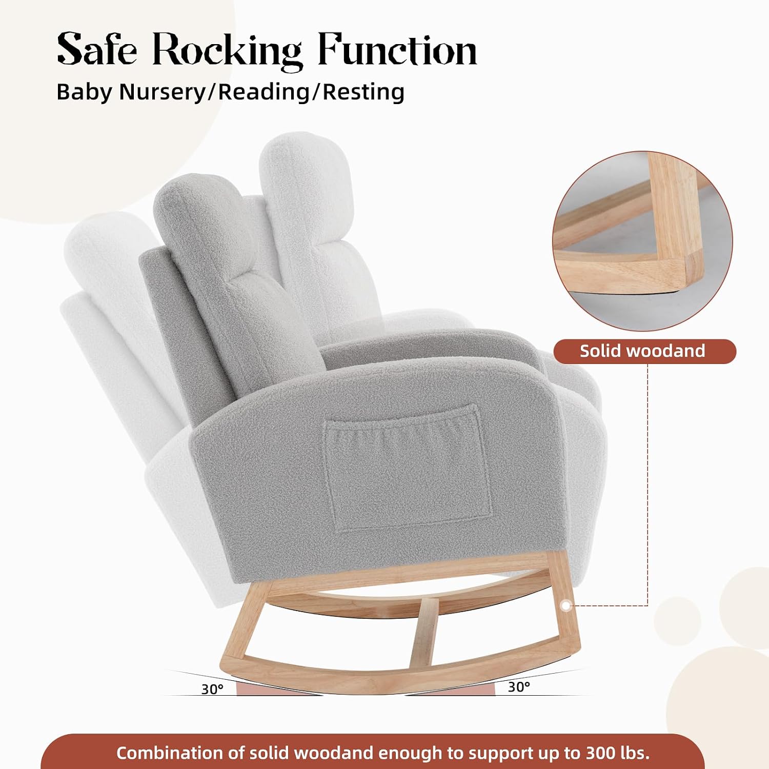 IDEALHOUSE Nursery Rocking Chair, Upholstered Glider Rocker with High Back & Side Pocket, Comfy Nursing Chair for Breastfeeding, Padded Nursery Armchair for Baby Room, Bedroom & Living Room,