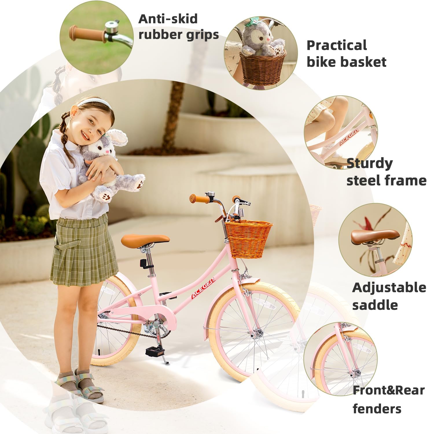 ACEGER Retro Princess Kids Bike with Basket for 3-12 Years Old Girls, Included Coaster Brake & Caliper Brake, 14 16 18 Inch with Training Wheels, 20 Inch with Kickstand, Vintage Bicycle for Gifts.
