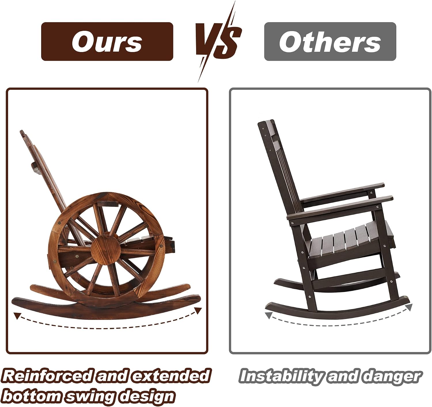 AHB Outdoor Wooden Rocking Chairs Set, Wagon Wheel Armrest Yard Glider Patio Chair with Small Table for Coffee Break, Adirondack Rocking Chair for Summer Lawn Garden Balcony, Brown (3 PCS)