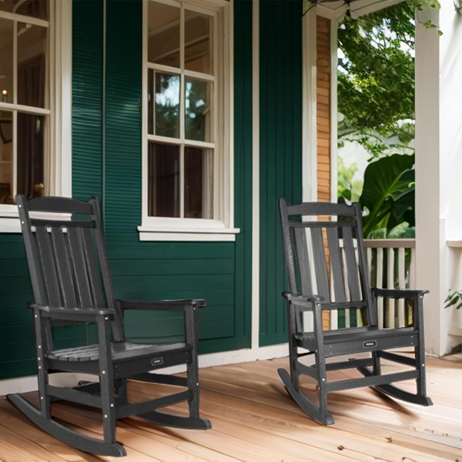 TenKa HDPE Patio Oversized Rocking Chair Set of 2, Outdoor Rocking Chair for Adults, All Weather Resistant Porch Rocker for Lawn Garden