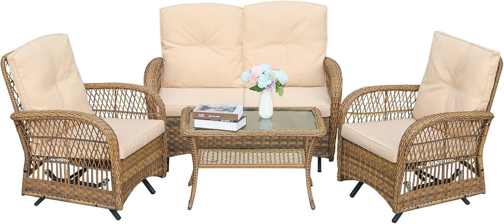 VIVIJASON 4-Piece Outdoor Patio Wicker Conversation Sets, All Weather Outdoor Rattan Furniture Set Includes Glider Loveseat, Coffee Table, 2 Glider Rocker Chairs with Cushions for Lawn Garden Balcony