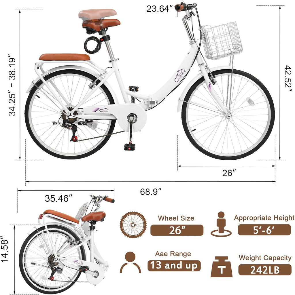 CamPingSurvivals 24/26 Inch Foldable Bike Folding Bicycle, 7 Speed Beach Cruiser Bike with Lock, Comfort Back Seat, Foldable Basket & Ergonomic Upright Frame, Cruiser Bicycle for Adults