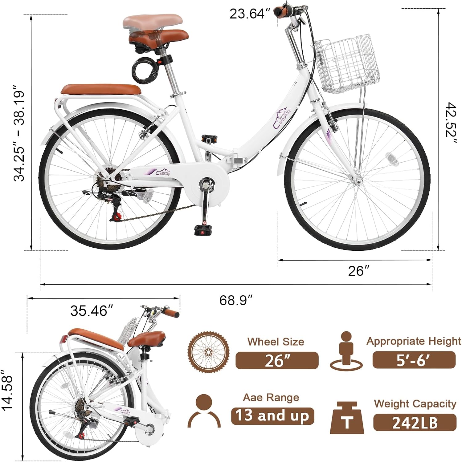 CamPingSurvivals 24/26 Inch Foldable Bike Folding Bicycle, 7 Speed Beach Cruiser Bike with Lock, Comfort Back Seat, Foldable Basket & Ergonomic Upright Frame, Cruiser Bicycle for Adults