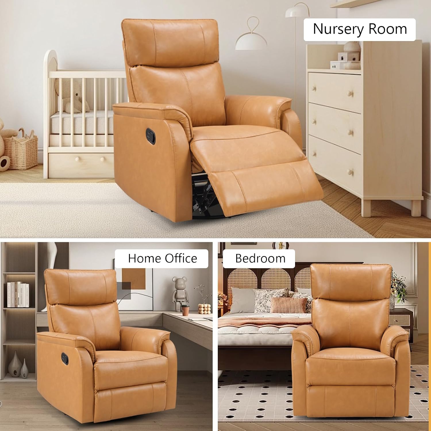 ANJ Manual Recliner Chair, Swivel Rocker Chair for Adults，Glider Recliner Nursery Chair,Faux Leather Lazy Boy Reclining Chairs for Living Room, Bedroom, Home Office