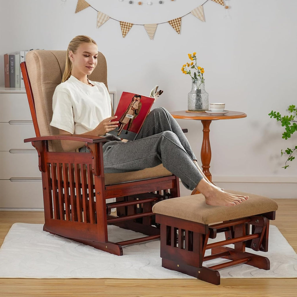 Glider with Ottoman Smooth Glider Rocking Chair, Nursery Glider with Ottoman Smooth Rocking Motion, Solid Hardwood Base, Easy Assembly for Living Room Bedroom (Brown)