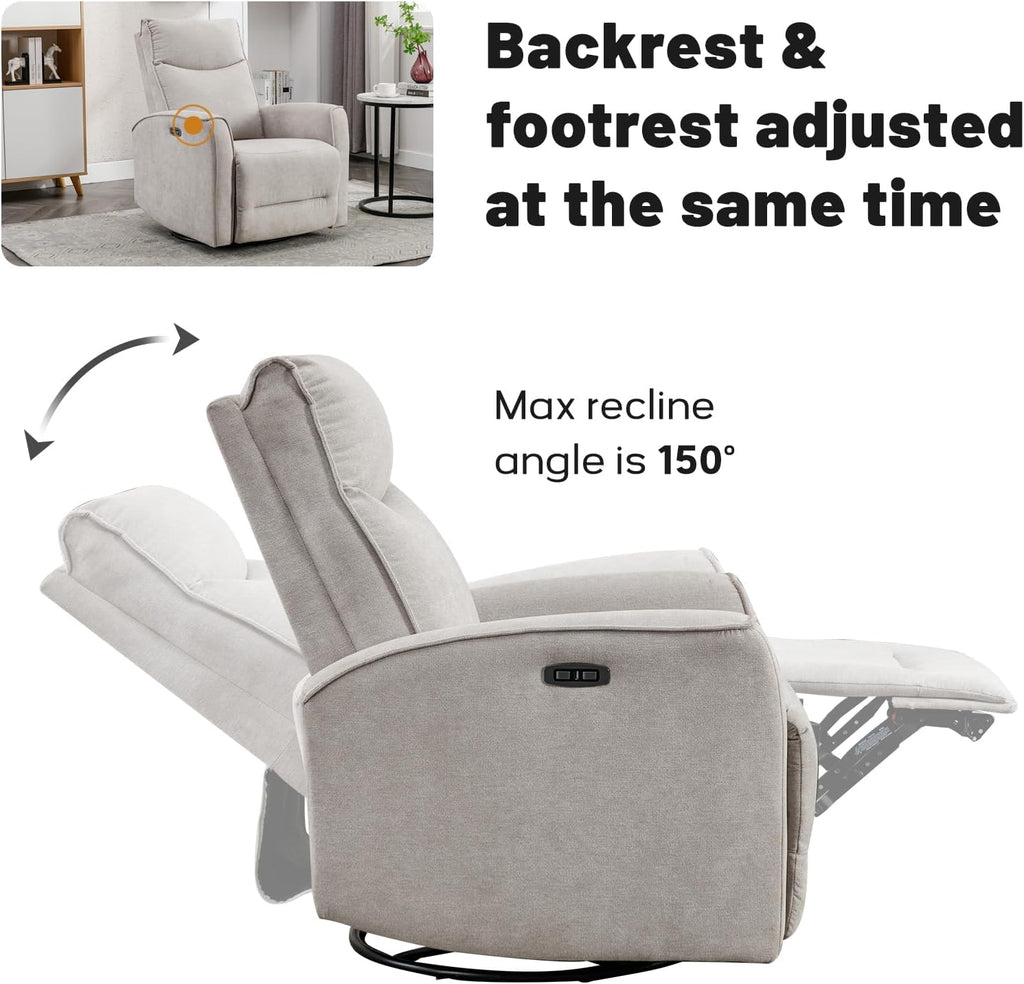 ANJ Power Swivel Recliner Chair, Glider Rocker Recliner with USB Port, Electric Nursery Recliners Sofa Rocking Chairs for Living Room, Bedroom（Grey）