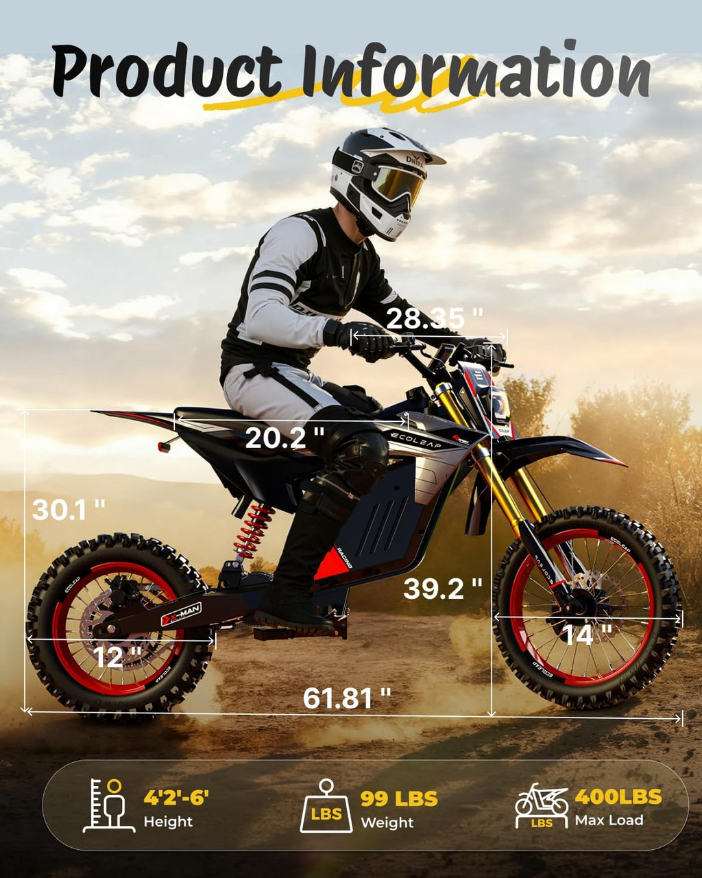 3500W Peak Electric Dirt Bike for Teens & Adults, 37MPH Electric Off-Road E-Bike with 48V 21Ah Battery, Up to 55 Miles Range, Dual Suspension, Hydraulic Brakes, 400LBS Load, Fit Age 13+