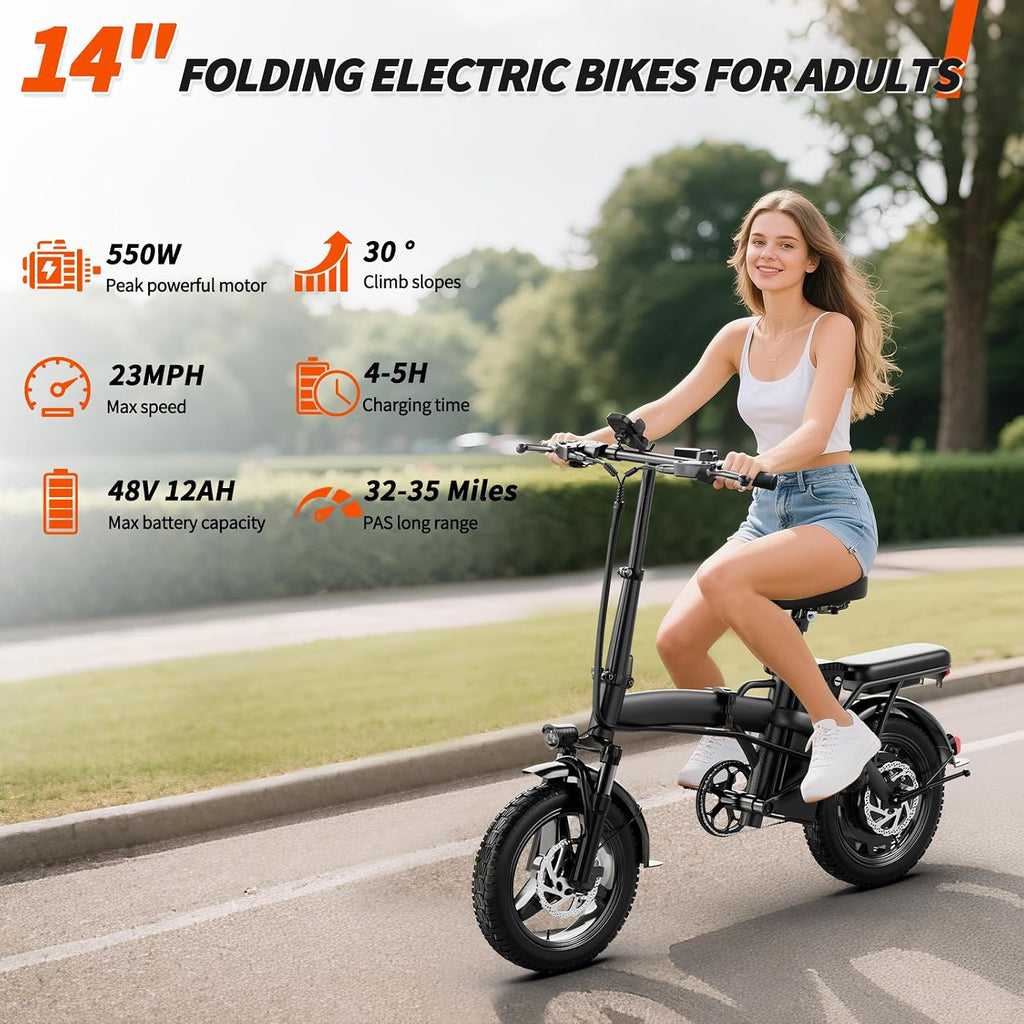 550W Powerful Electric Folding Bike for Adults – 23MPH Top Speed, 35 Miles Range, 48V 12Ah Battery, Foldable Ebike with Charger & Dual Disc Brakes,14' Commuter Mini E Bikes, Hill Climbing Commuter