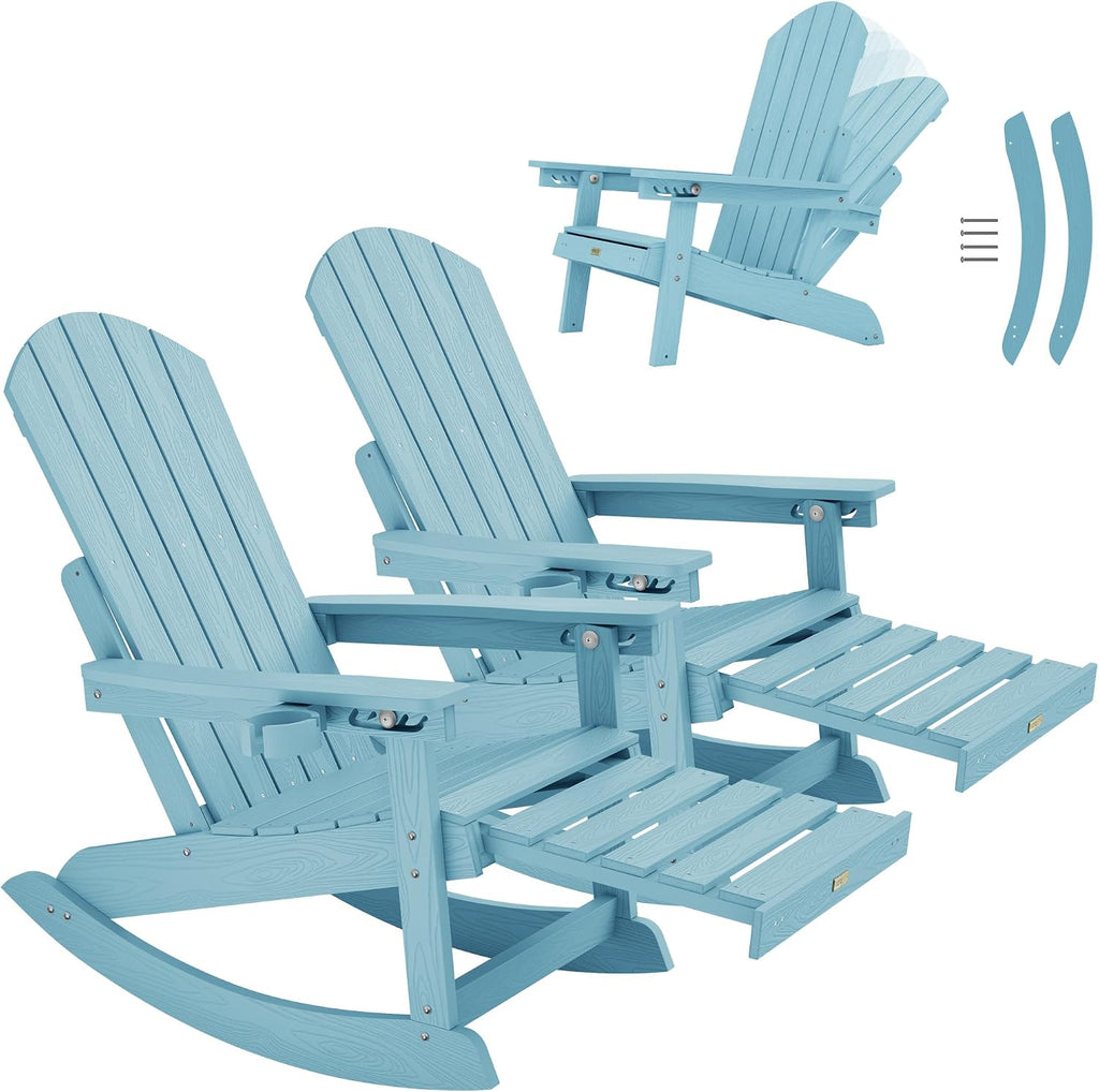 YEFU Adirondack Rocking Chairs Set of 2 : Oversize Adirondack Chair with Retractable Ottoman- 5-Level Adjustable High Back - Outdoor Rocker with Cup Holder for Porch/Garden/Lawn/Patio/Backyard/Blue