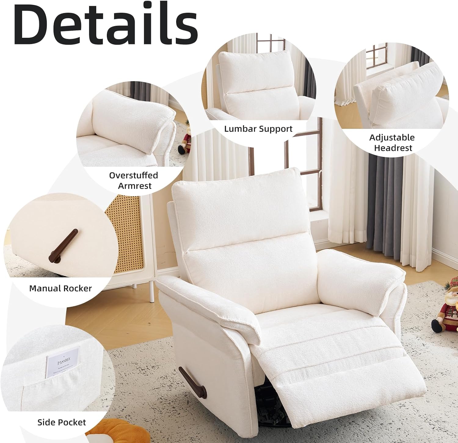 Oversized Recliner Chair, 26' Extra Wide 360° Swivel Rocker Recliner with Adjustable Headrest, Chenille Glider Rocking Nursery Chair with Overstuffed Armrest, Lumbar Support, White