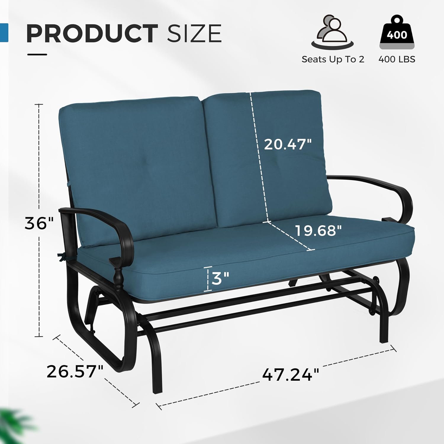 Crownland Outdoor Patio Glider Chair, Rocking Glider Bench for 2 Person, Porch Furniture Loveseat Seating, Wrought Iron Patio Textilene Gliders for Outside, Porch, Garden(Peacock Blue)