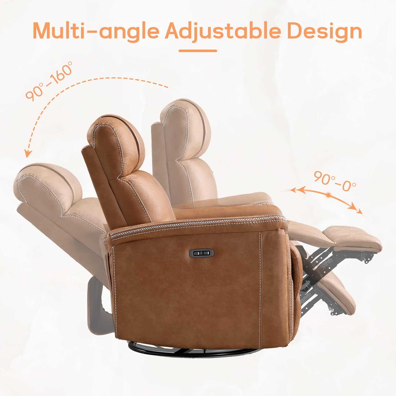 CANMOV Faux Leather Power Swivel Rocker Recliner,Glider Recliner for Nursery,Electric Swivel Rocker with USB Port,Upholstered Nursery Glider Reclining Sofa for Living Room,Brown1