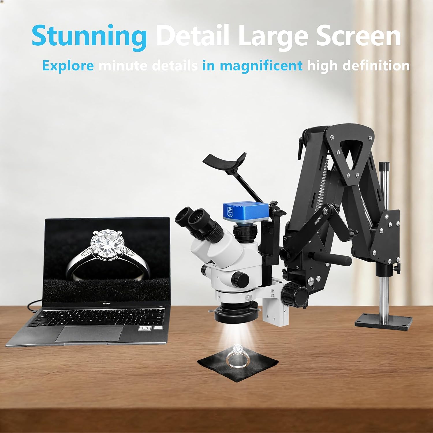 DZQ Jewelry Trinocular Microscope with Camera, 7X-45X Magnification with Multi-Directional Stand 0.5X Barlow Lens & Camera Eyepiece, 60 Ring Light Illuminator, Jewelers Microscope for Engraving Making