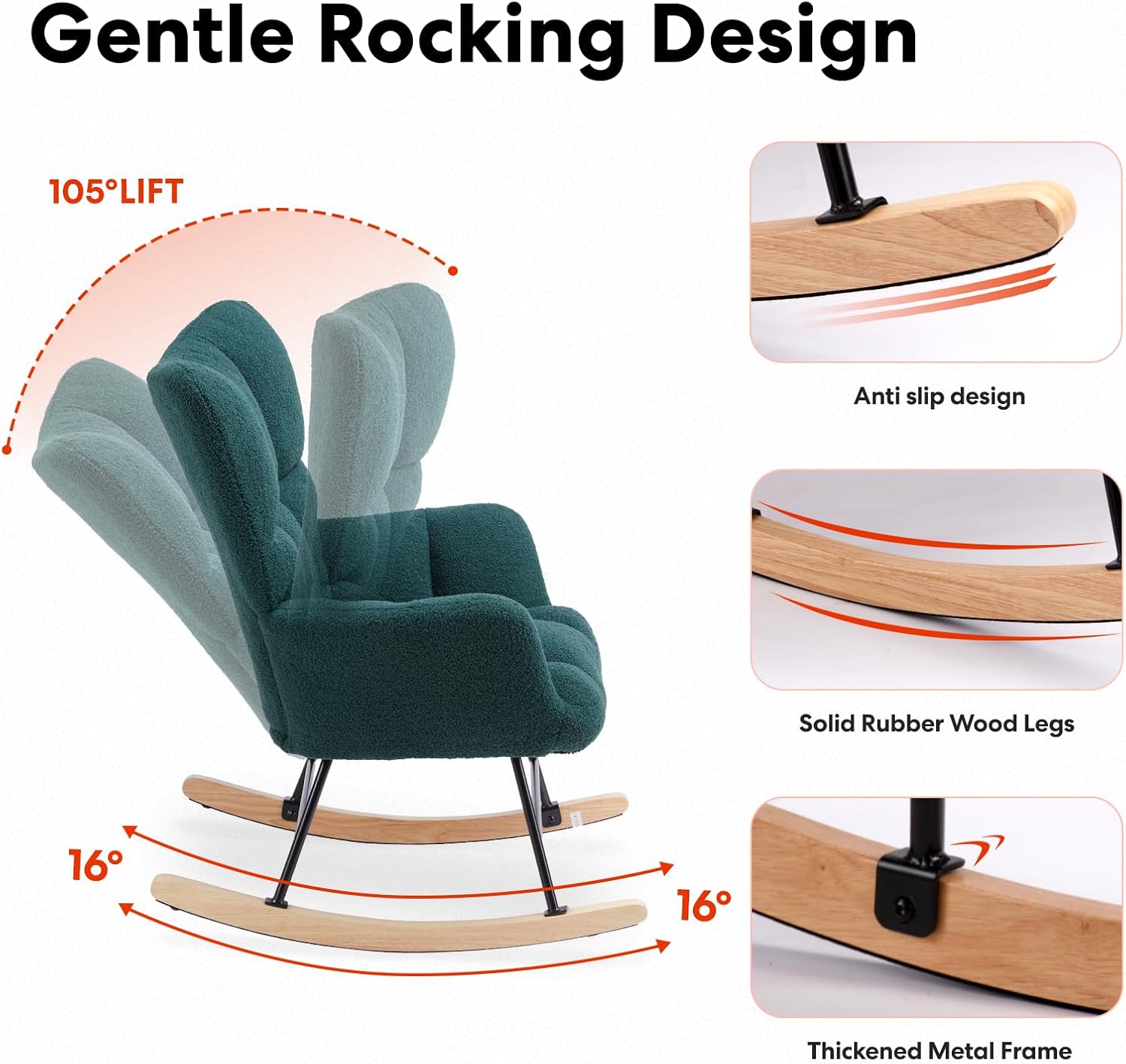 HealSmart Nursery Rocking Chair Teddy - Upholstered Comfy Glider Rocker with High Back Armchair, Cozy Reading Recliner Fluffy Comfortable Chair for Bedroom, Baby Room, Living Room and Study, Green