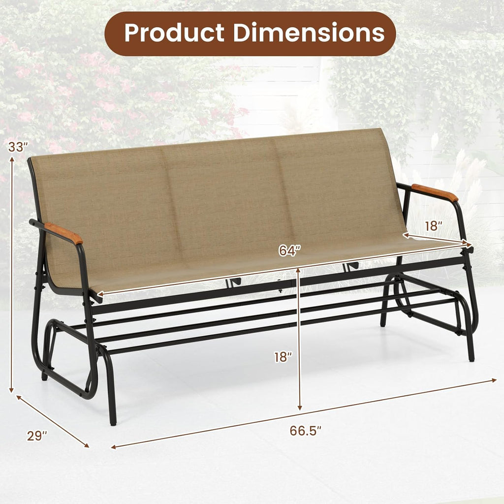 Giantex Patio Glider, 3-Person Swing Gliding Loveseat with Curved Teak Armrests, Fabric Seat, Metal Frame, Load 990lbs, Outdoor Rocking Chair for Porch, Yard, Poolside (29'x66.5'x33')
