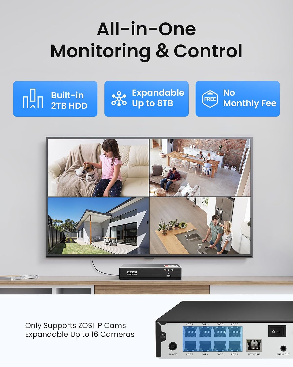 ZOSI C220 4K 8MP 8CH POE NVR Security Camera System (16CH Expandable), 4 x 8MP PoE IP Dome Cameras Outdoor Indoor, AI Human/Vehicle/Face Detection, One-Way Audio, 100ft IR Night Vision, 2TB HDD