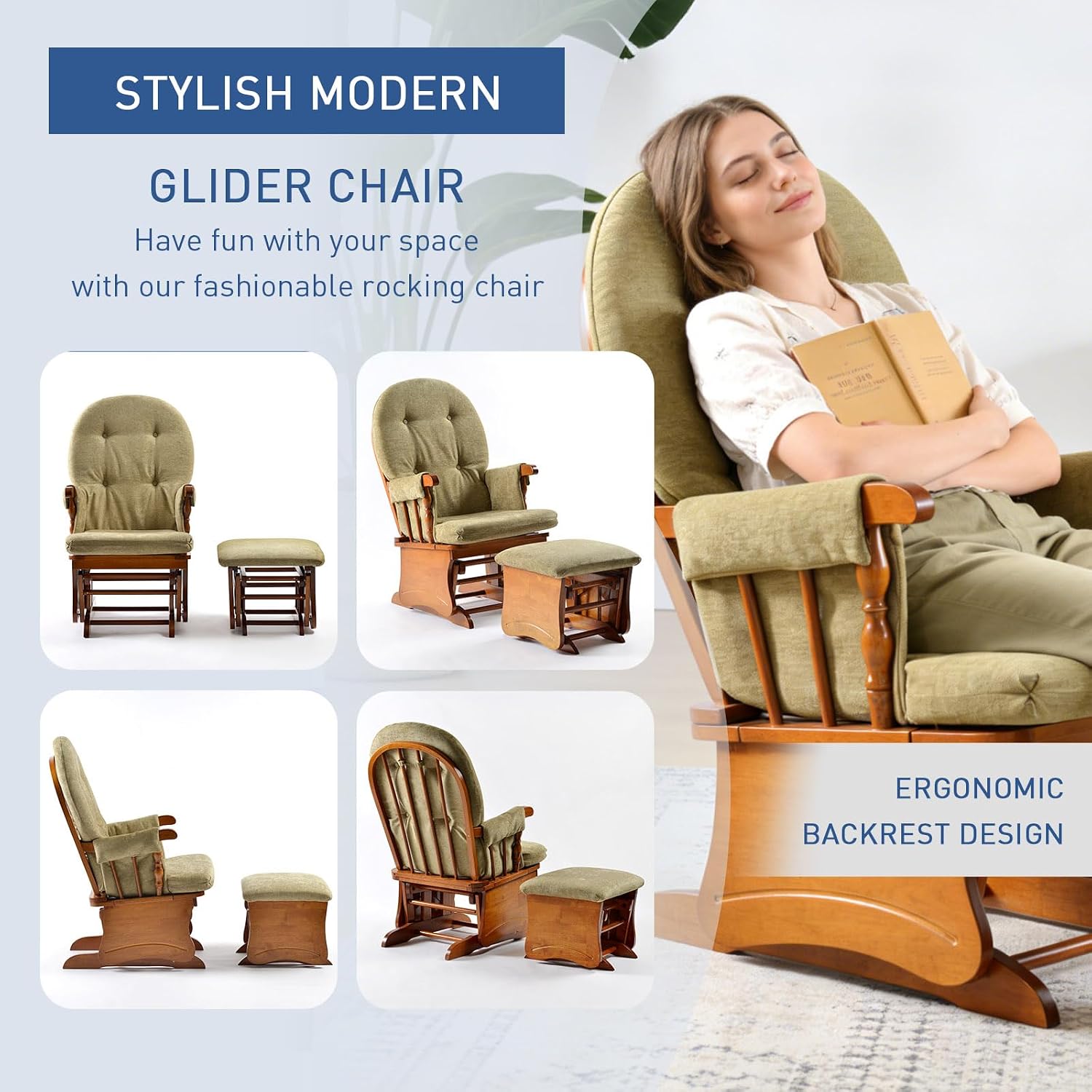 Glider Rocking Chair with Ottoman Set, Solid Wood Nursery Glider Rocker with Padded Cushion, High Back Upholstered Swivel Glider for Living Room, Nursing, Reading, 280LBS Weight Capacity,Oak+Khaki