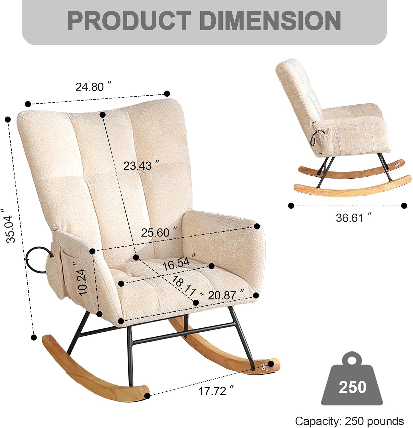 Rocking Chair Nursery with Airbag, Nursery Rocking Reading Chair Indoor, Cozy Upholstered Glider Rocker Chairs for Living Room Bedroom Offices, Sillas Mecedoras(Chenille, Beige)