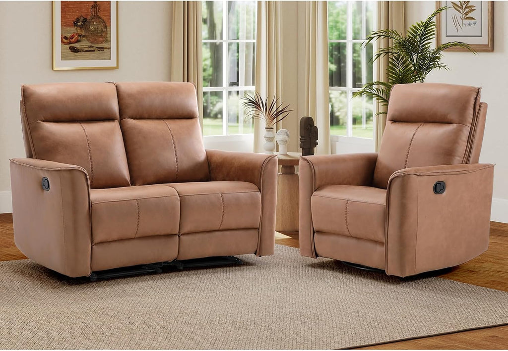 EBELLO Manual Recliner Sofa Furniture Set for Living Room, Included 1 Seat Swivel Glider Recliner Chair and a Wall-Hugger 2 Seat Loveseat Reclining Couch for Home, Office, Brown