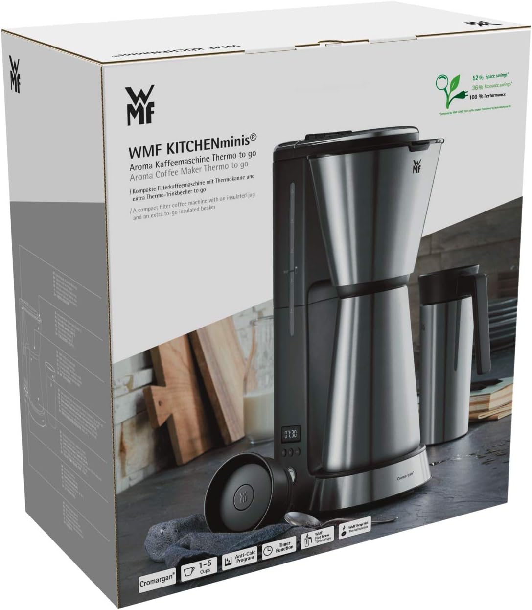 WMF KITCHENminis 0412260011 Aroma Filter Coffee Maker, Thermo-To-Go, Compact, Insulated Jug and Takeaway Mug, Cromargan High Quality, 760 W, Up to 5 Cups