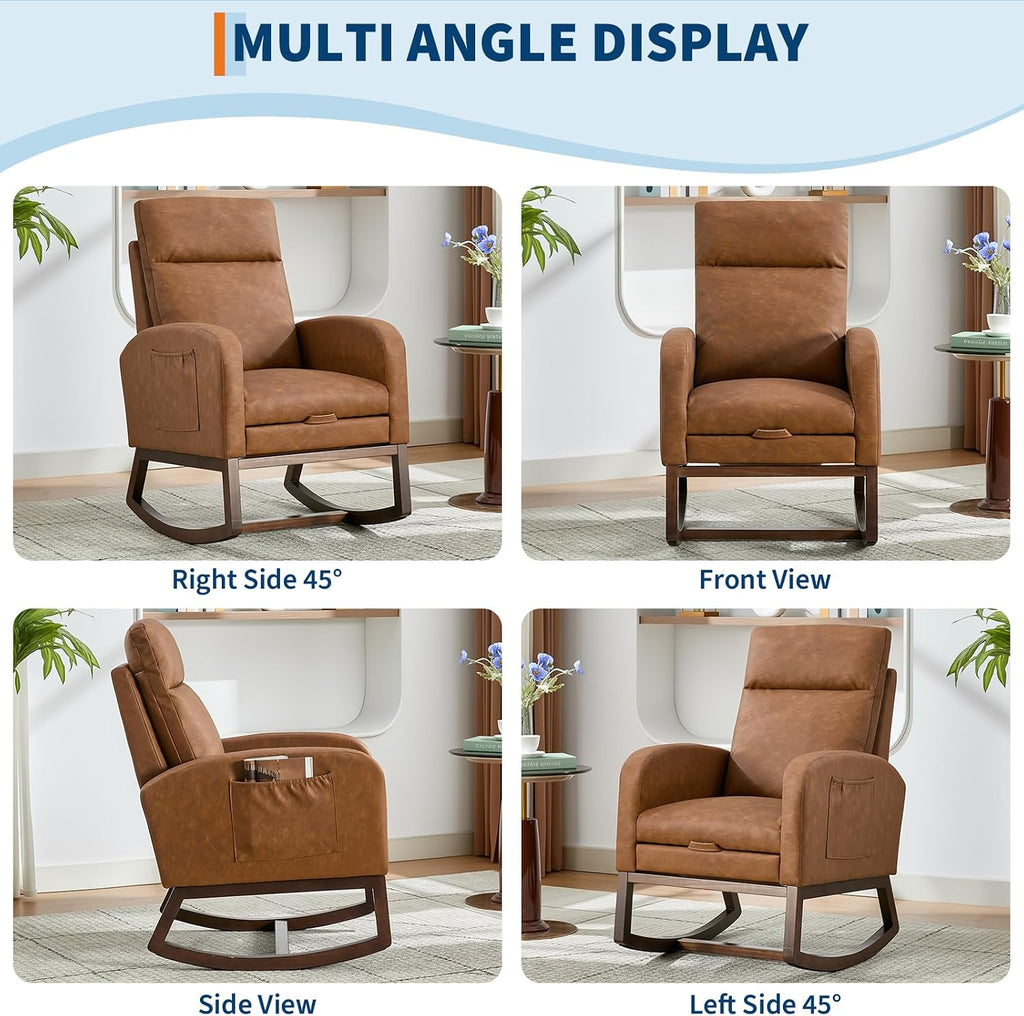 Rocking Chair Nursery with Foot Rest, Modern PU Upholstered Reading Glider Rocker Accent Armchair with High Backrest, Padded Seat, Side Pocket, for LivingRoom, Bedroom, Baby Room