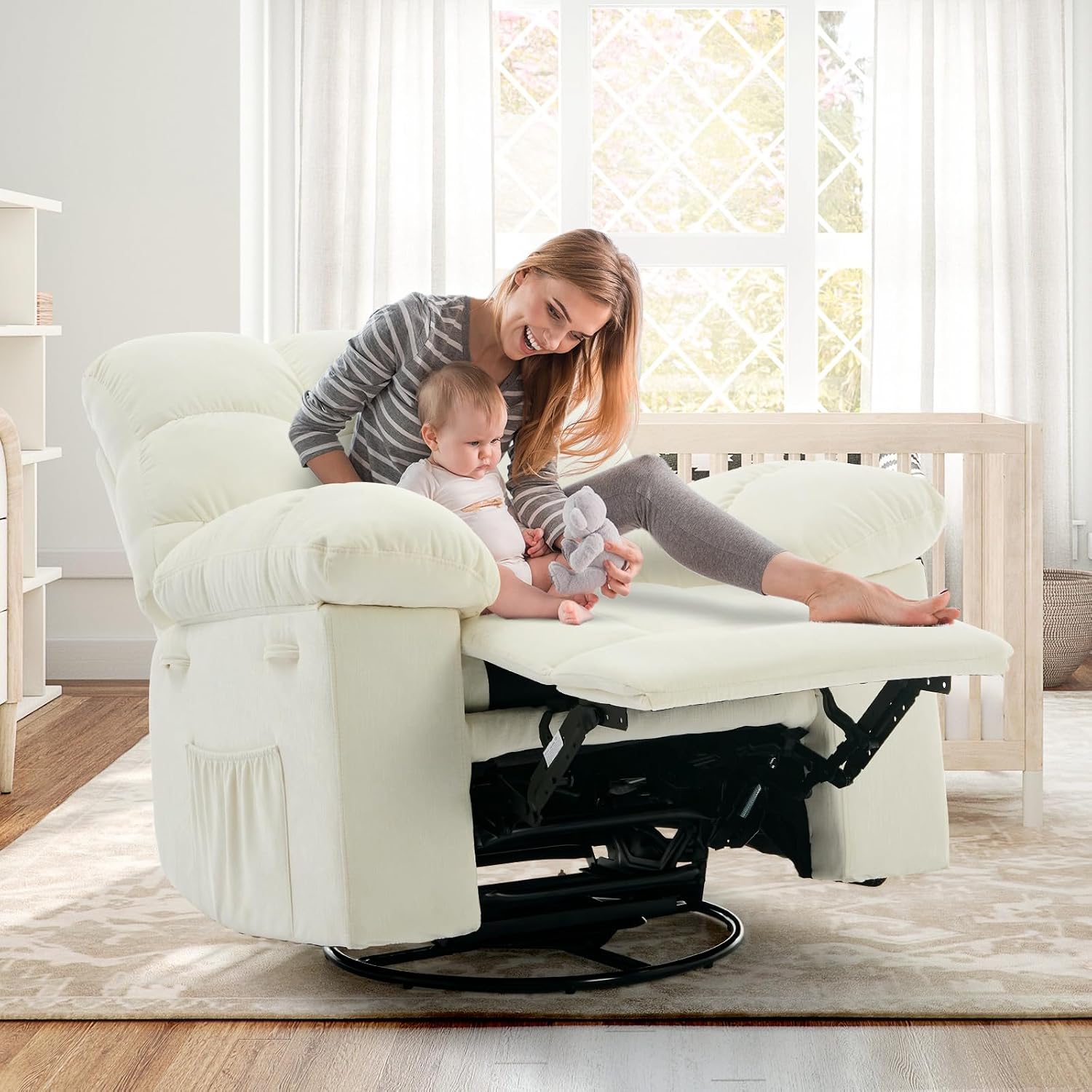 Rocking Recliner Chair,360° Swivel,30° Rocking,135° Tilt,Chenille Upholstery,Q235 Steel Frame Glider Nursery Chair for Small Spaces