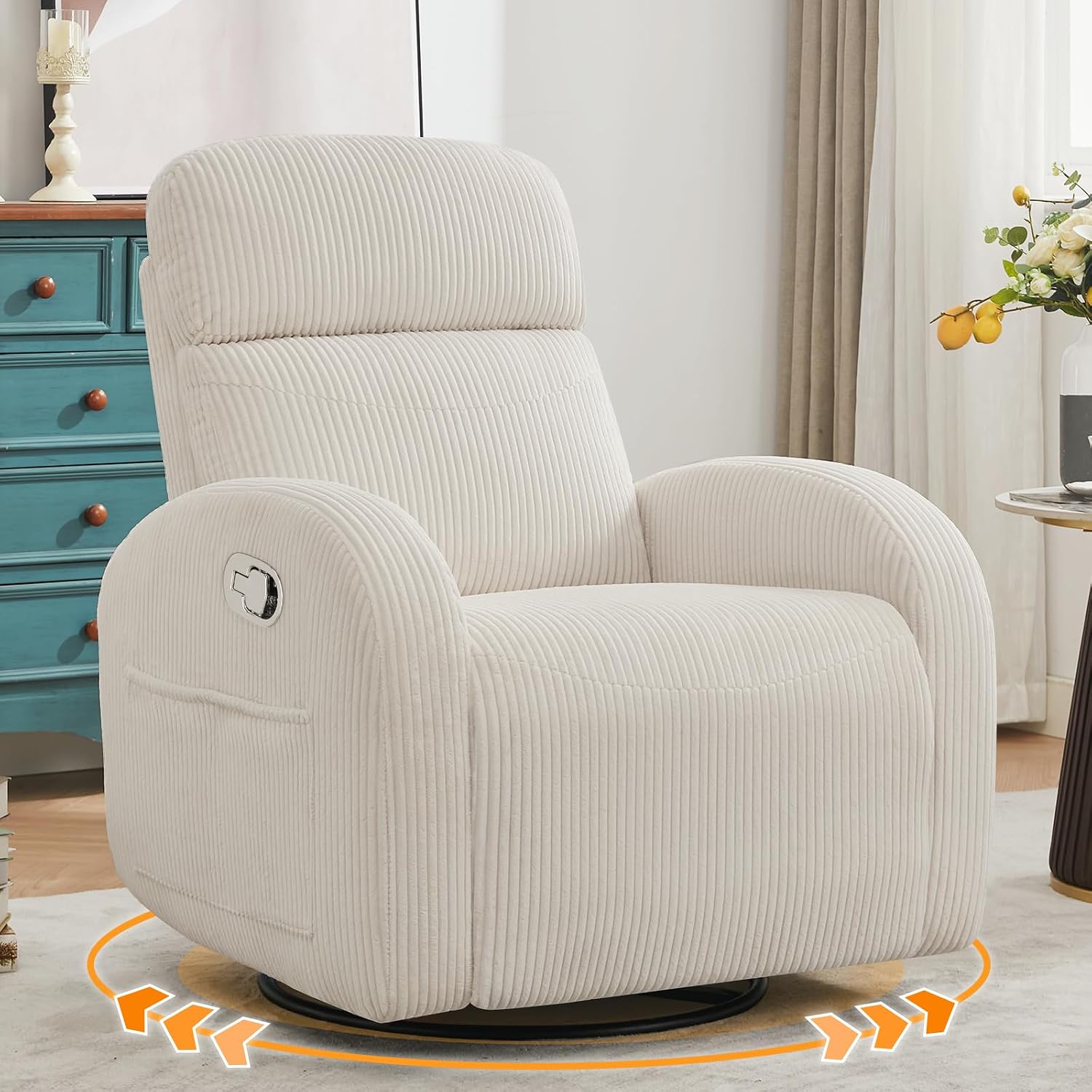 Swivel Recliner Rocker Nursery, Nursering Glider Recliner, Manual Swivel Rocking Reclining with Double Pockets for Living Room, Corduroy Cream White