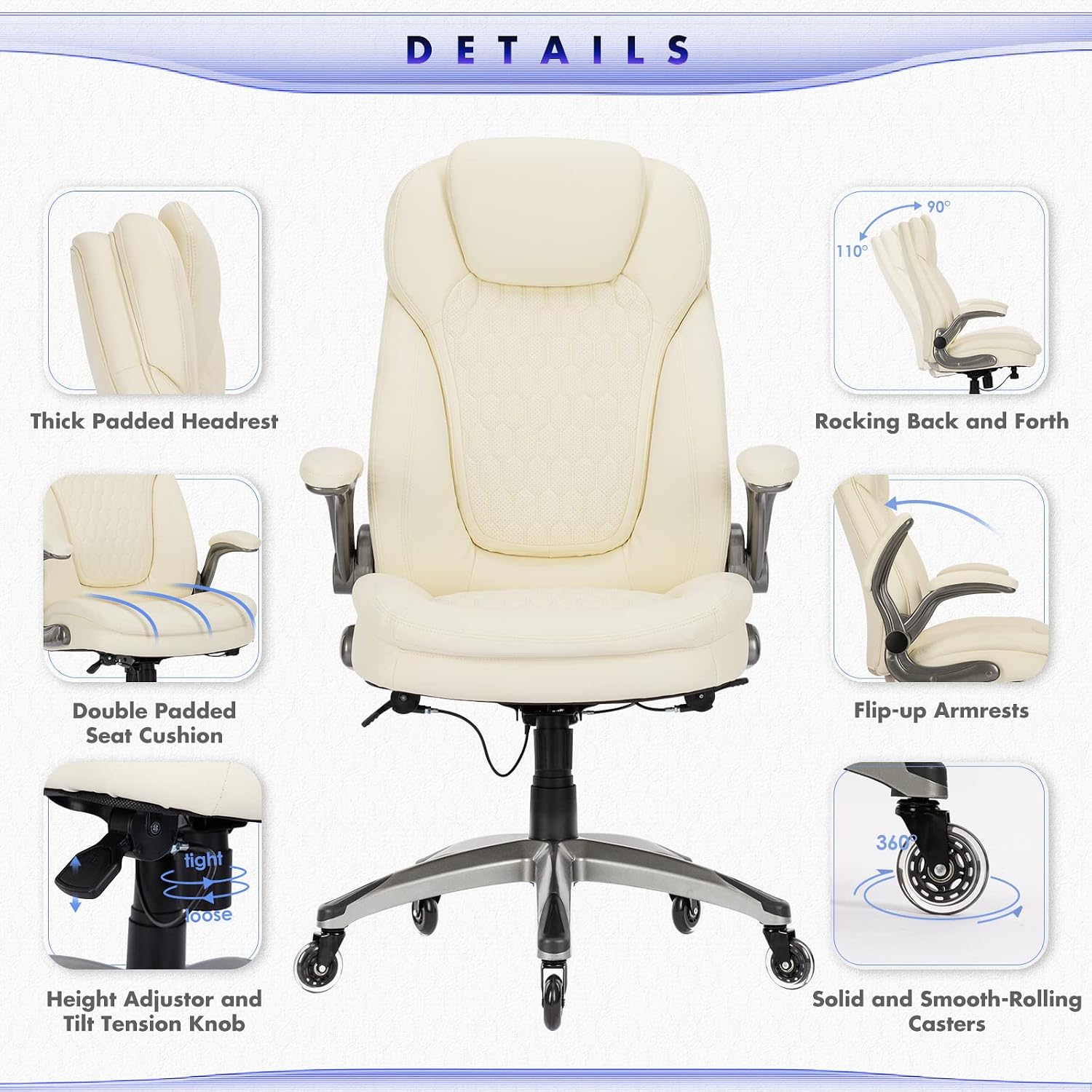 COLAMY Ergonomic Office Chair, Set of 2 Boxes, High Back Leather Desk Chair with Flip-up Arms, Adjustable Height & Rocking Function, Silent Wheels, Ivory Executive Computer Chair, 300lbs Capacity