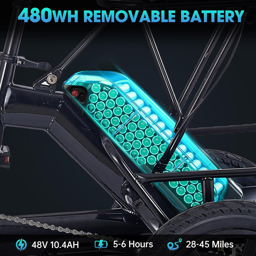 E Trike Electric Bike, 350W(Peak 500W) Brushless Motor Folding Trike, 2 Seats Ebike, 480Wh Removable Battery, Step-Thru 3 Wheel Electric Bicycle, Up to 45 Miles, Tricycle for Adults Parents