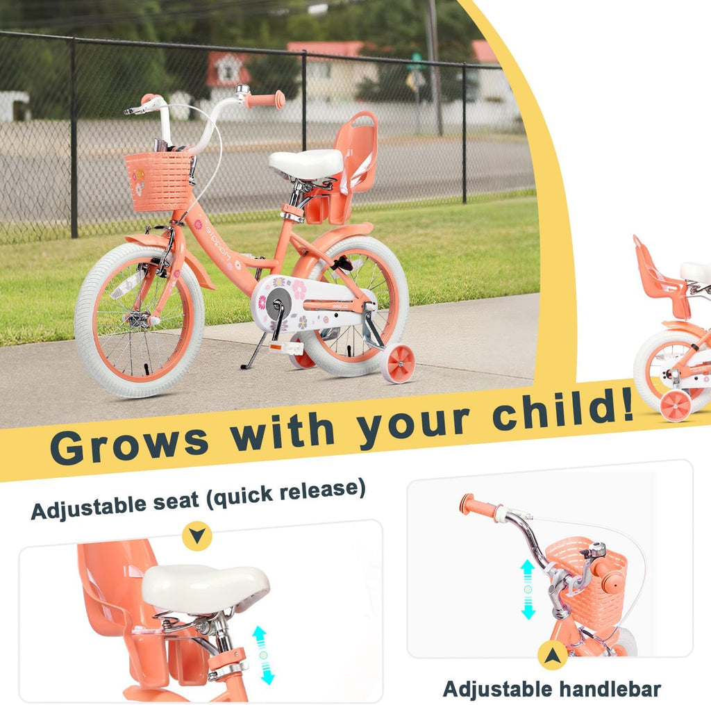 Glerc Maggie Girls Bike, 12-20 Inch Kids Bike for 2-13 Years Old Children, Princess Style Kids Bicycle with Doll-Seat & Basket & Training Wheels, Multiple Colors