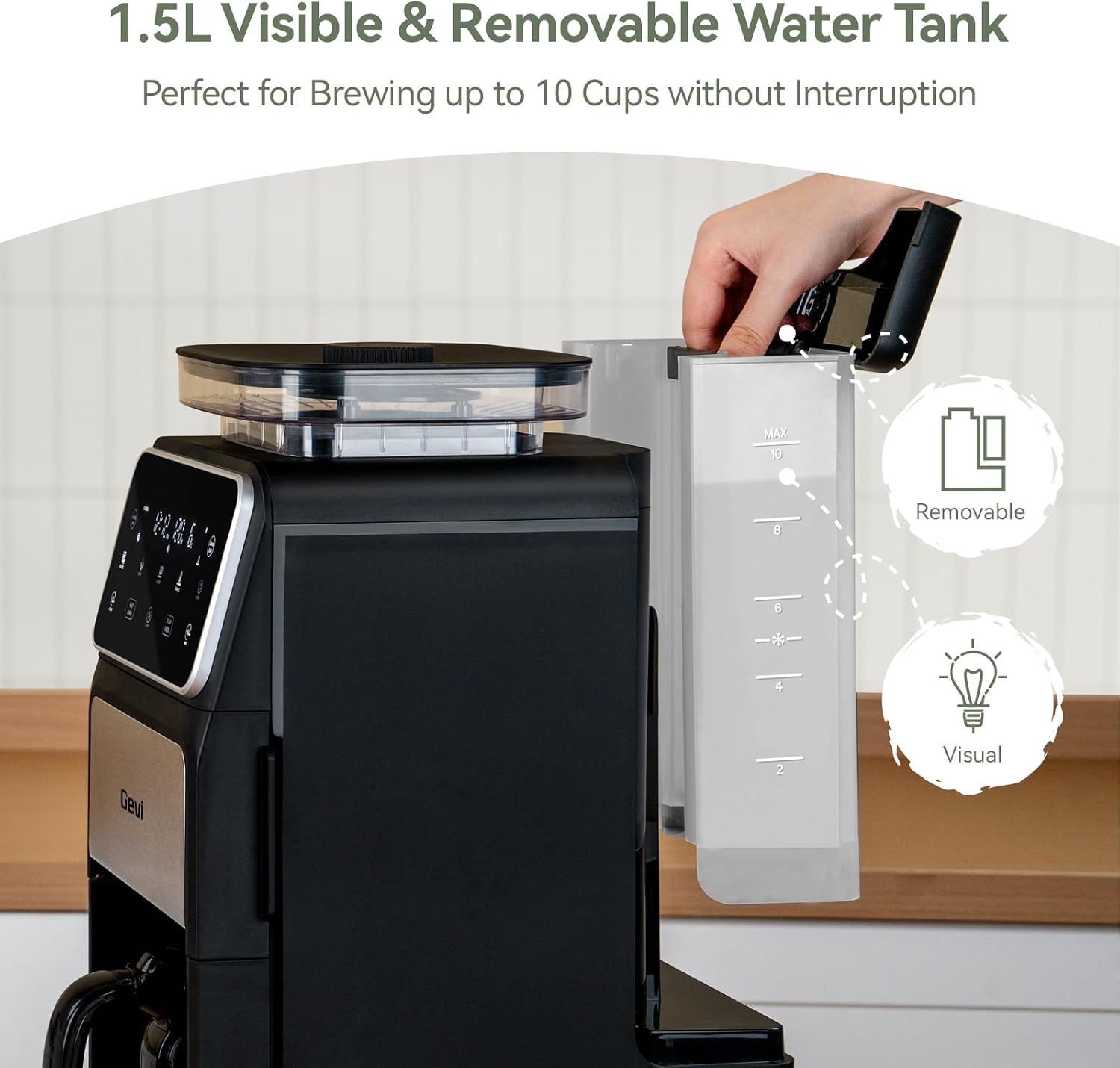 Gevi Grind & Brew Coffee Maker 10 Cup, Built-In Burr Grinder Drip Coffee Machine, Programmable Touch Screen, 4-Hour Warm Plate, Permanent Filter & Glass Carafe