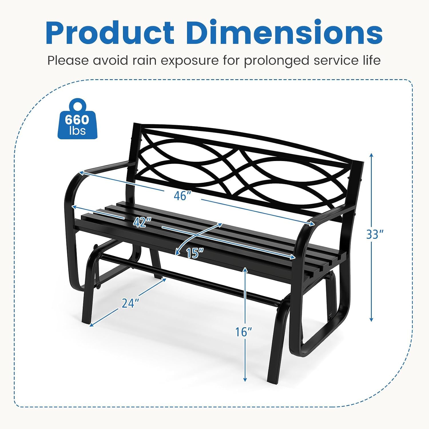 Tangkula 2-Person Outdoor Glider Bench, Patio Rocking Loveseat Chair with Metal Frame, Armrests, Geometric Backrest and Slatted Seat for Porch, Garden, Deck and Backyard