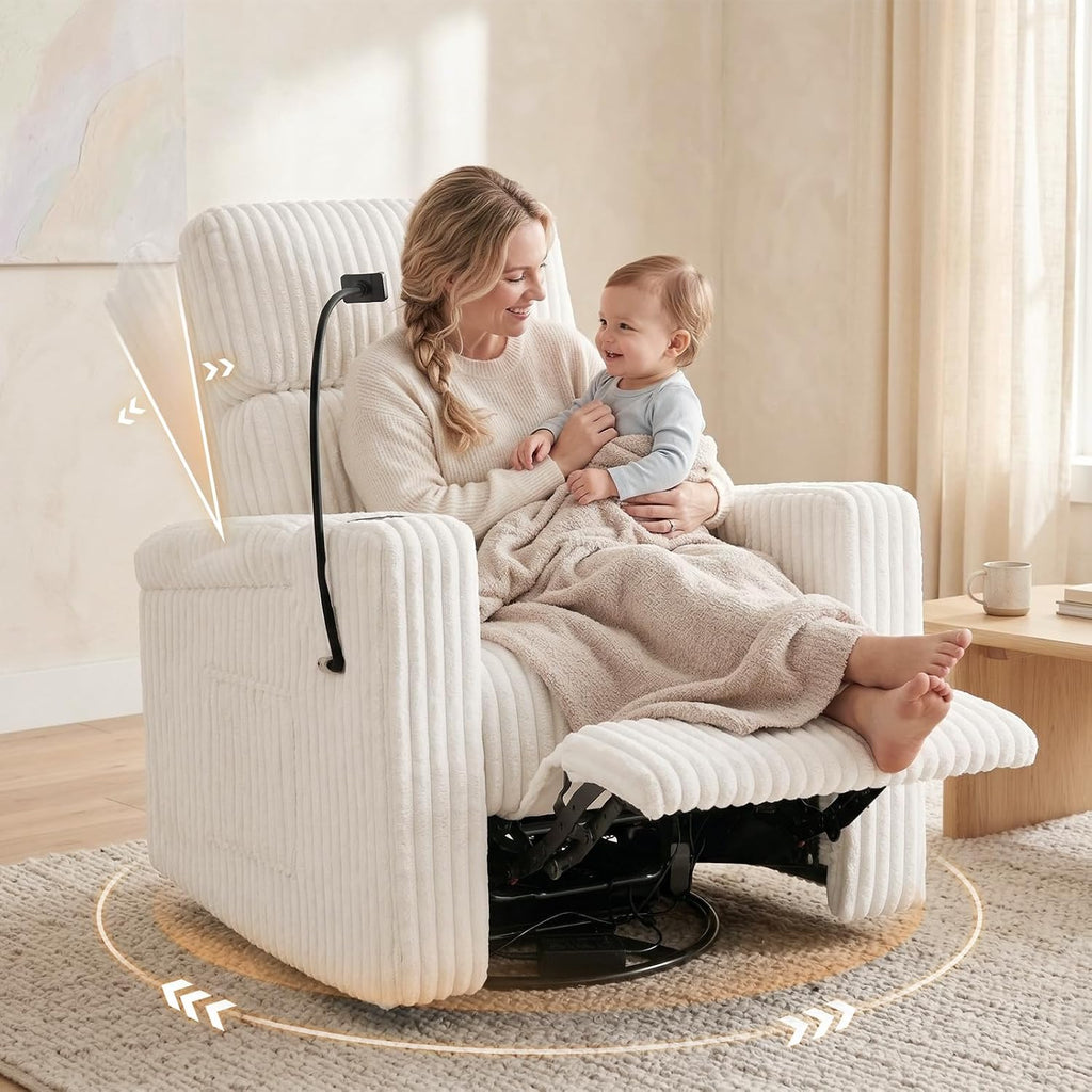 Power Recliner Chair Swivel Glider Rocking Chair Nursery Skin-Friendly Electirc Rocker Nursery Chair with Phone Holder, Hidden Storage, USB Charging, Corduroy Beige