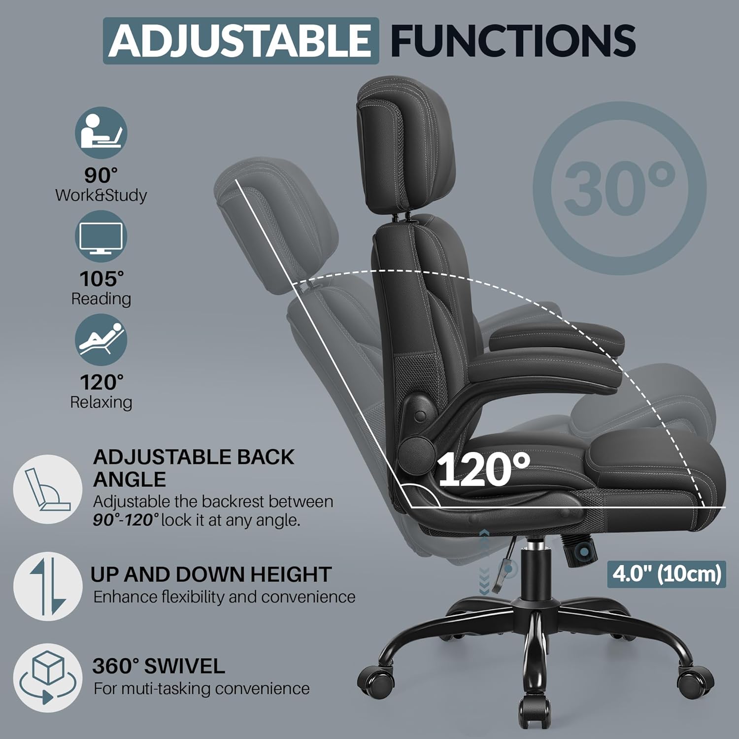Office Chair, Ergonomic Big and Tall Computer Desk Chair with Retractable Adjustable Headrest, Executive Breathable Leather Chair, Lumbar Support Swivel PC Chair with Flip-up Armrests Rocking Function