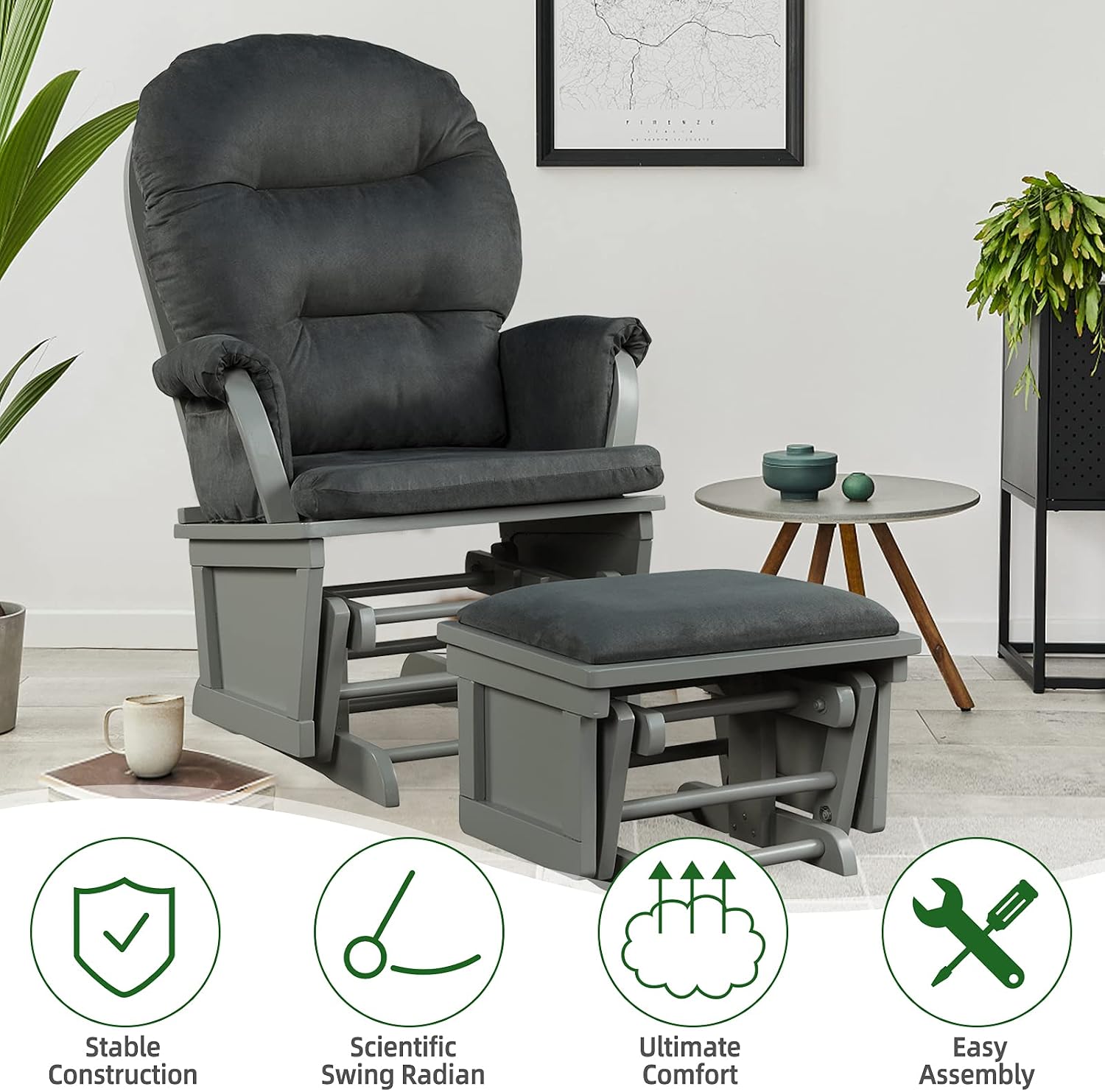 Costzon Baby Glider and Ottoman Cushion Set, Wood Baby Rocker Nursery Furniture for Napping, Nursing, Reading, Upholstered Comfort Nursery Chair w/Padded Armrests & Detachable Cushion (Dark Grey)