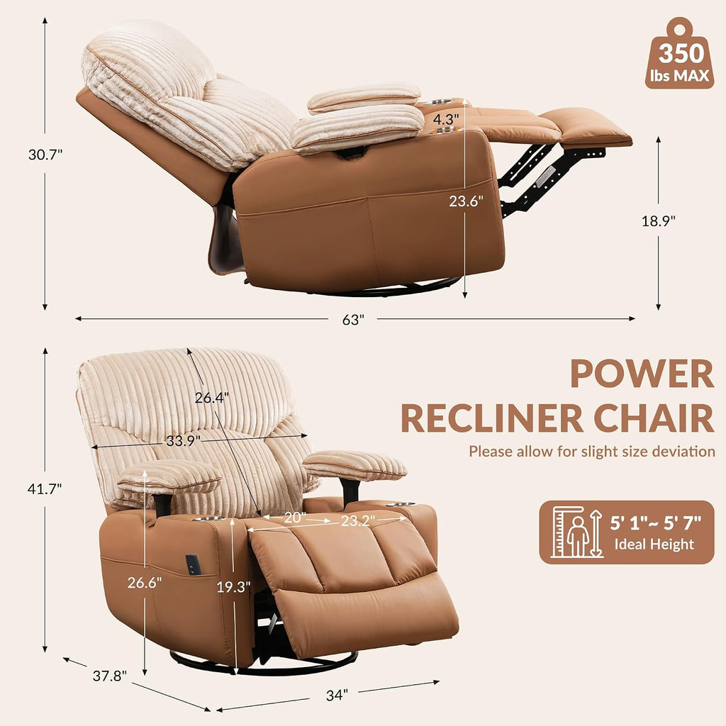 SUNWAVE Power Nursery Rocking Chair with Adjustable Armrests, Nursing Chair with USB, Cup Holders, Swivel Rocker Recliner with Corduroy and PU Leather Fabric